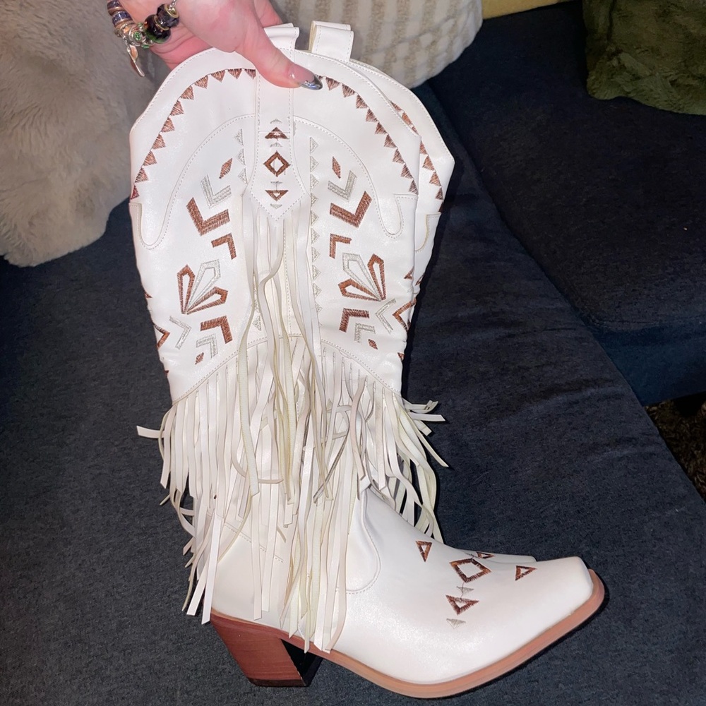 White and Brown Western Fringe Boots